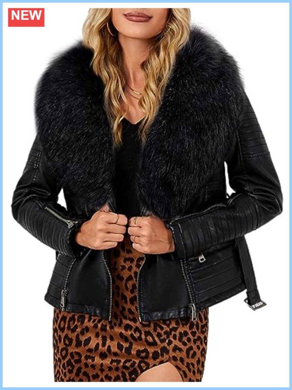 Women's Faux Leather Moto Jacket with Removable Fur Collar